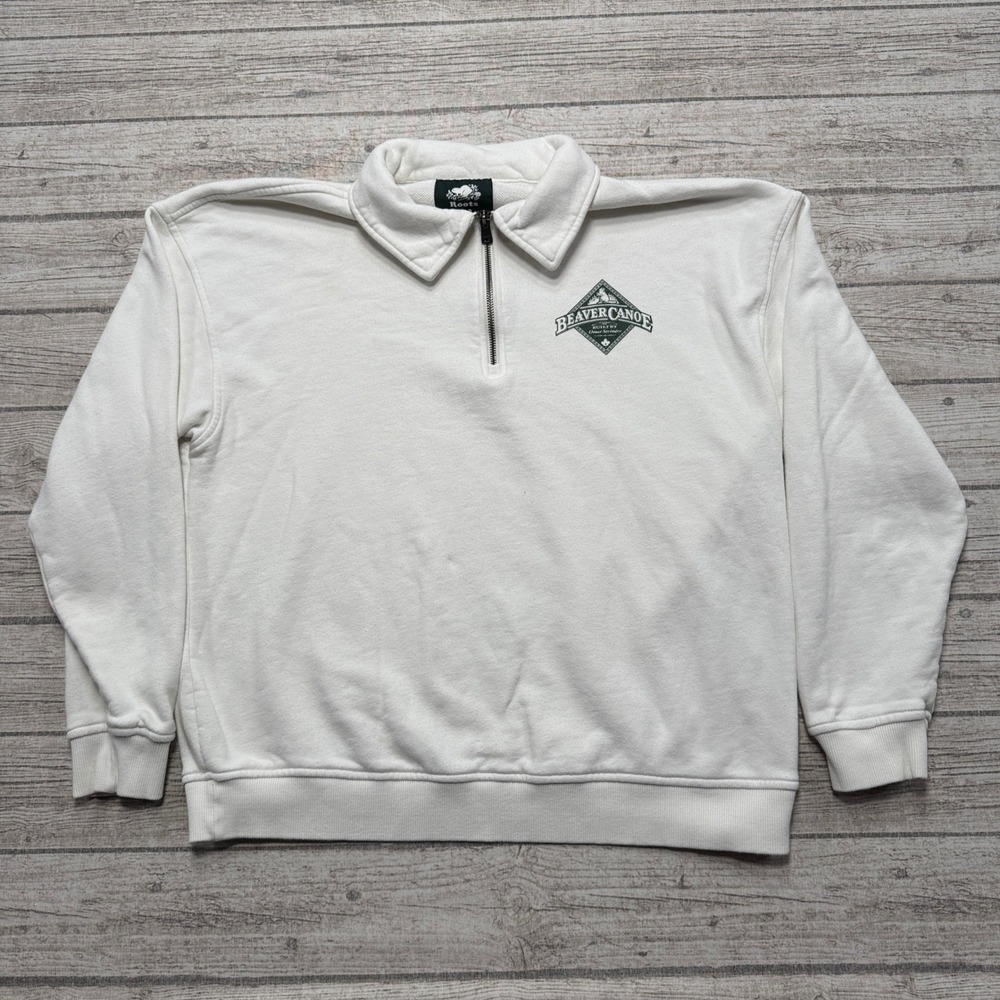 Roots Sweatshirt Men's L White Organic Cotton Quarter Zip Pullover Beaver Canoe